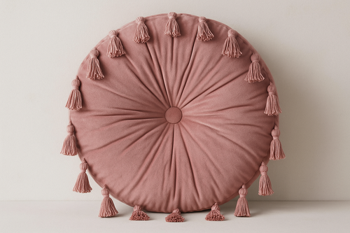 Almofada Redonda Rosa Seco com Franjas - Boho 40cm