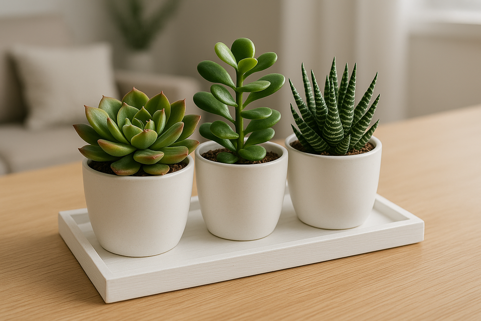 Kit 3 Suculentas Artificiais com Vasos e Bandeja Branca