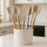 Conjunto 5 Utensílios Silicone com Cabo Madeira e Porta Utensílios