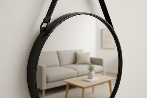 Espelho Decorativo Redondo 60cm Moldura Preta com Alça Couro