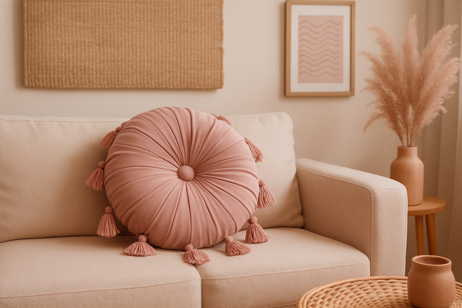 Almofada Redonda Rosa Seco com Franjas - Boho 40cm