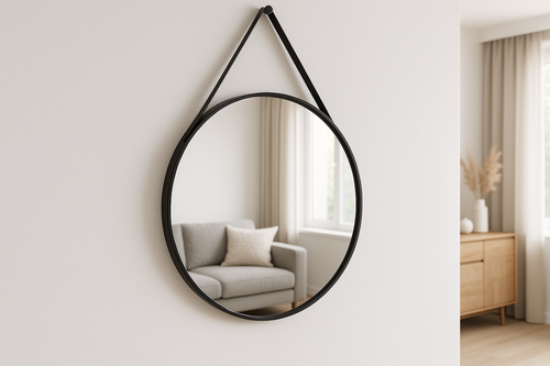 Espelho Decorativo Redondo 60cm Moldura Preta com Alça Couro