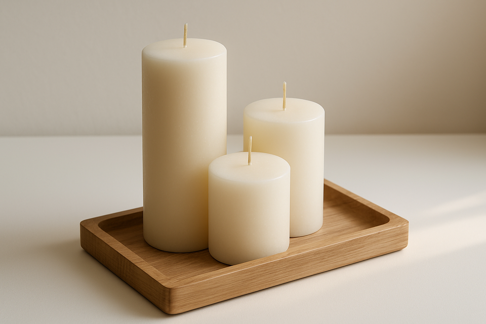 Kit 3 Velas Decorativas com Bandeja de Madeira